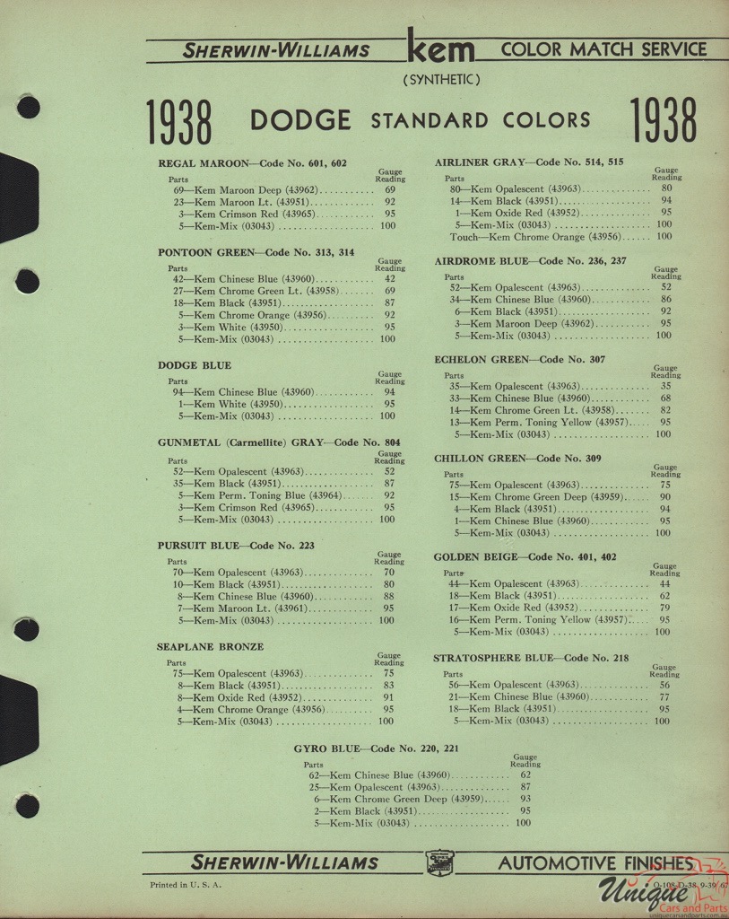 1938 Dodge Paint Charts Williams 3